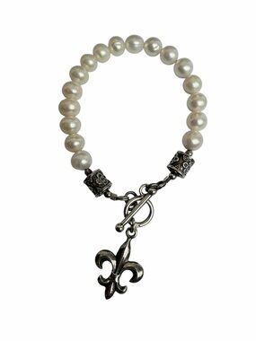Faux Pearl Sterling Silver Toggle Bracelet Fleur De Lis French Women’s
